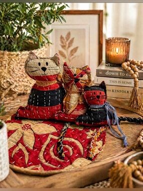 OOAK Handcrafted Sari Kantha Cat Family~Folk Art~Boho~Artisan~Sustainable~Decor